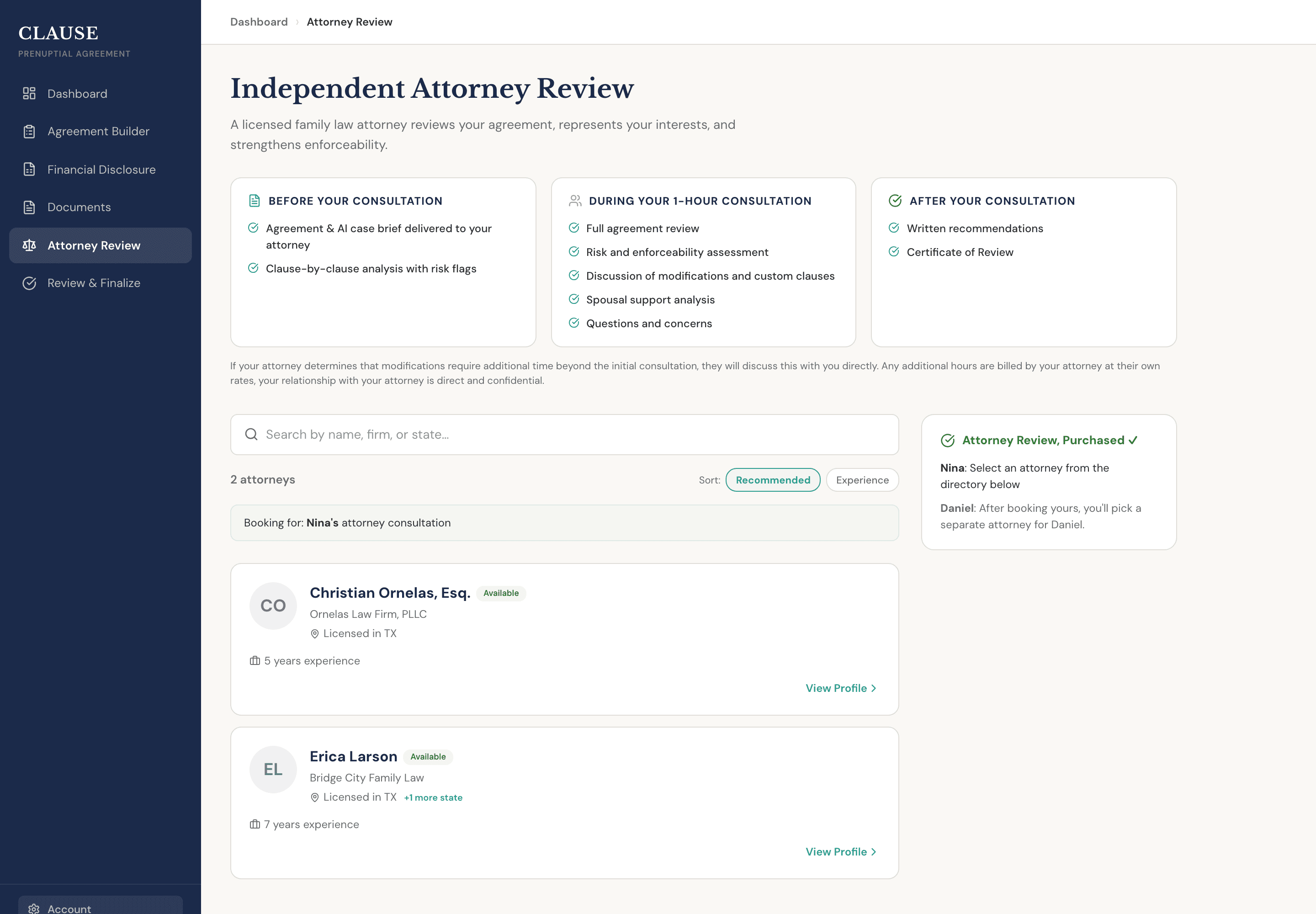 The attorney review request screen listing licensed attorneys from the directory, each with the states they are licensed in.
