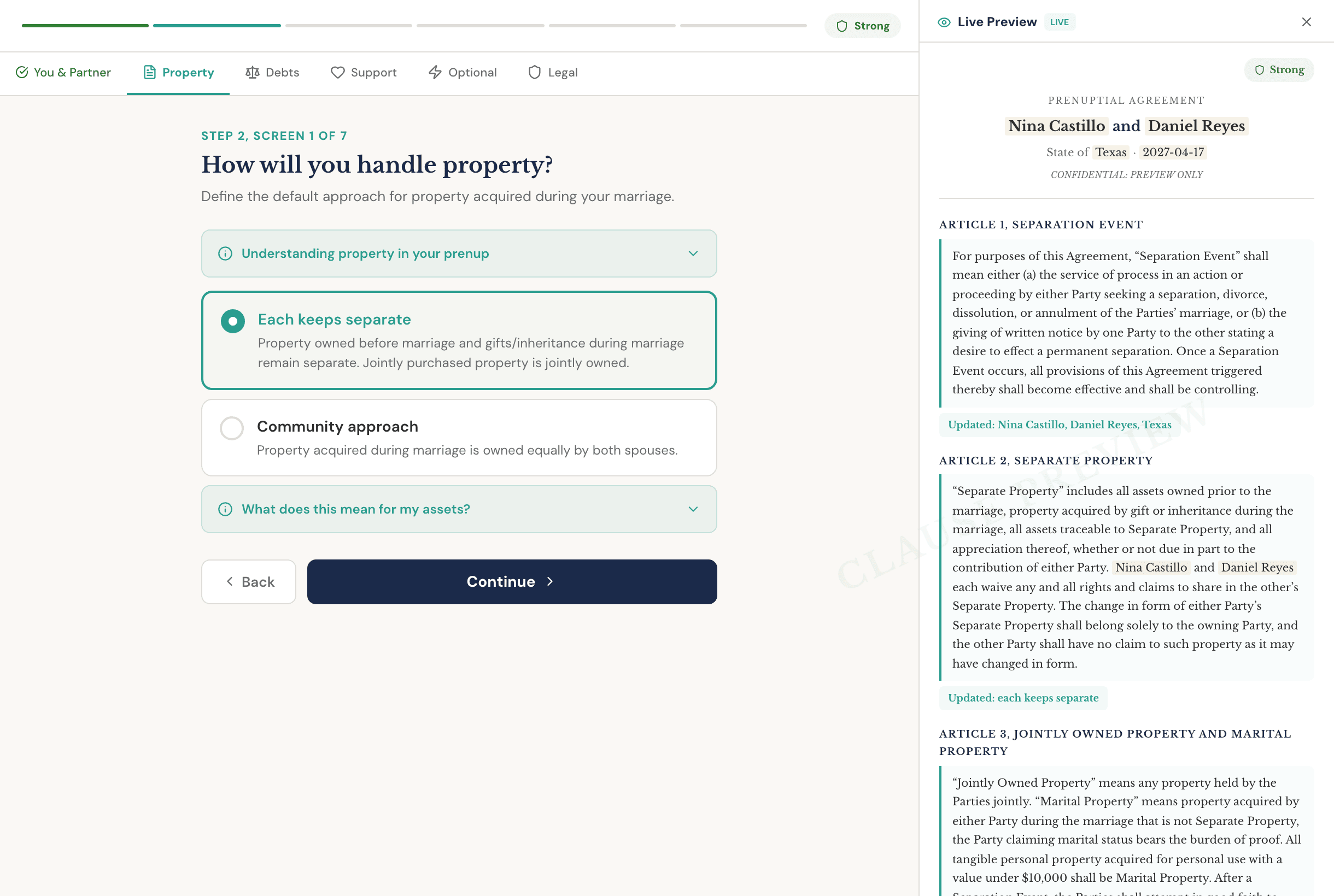 The Agreement Builder asking how property will be handled, with a plain-English choice selected and the clause it produced shown beside it as a live preview.