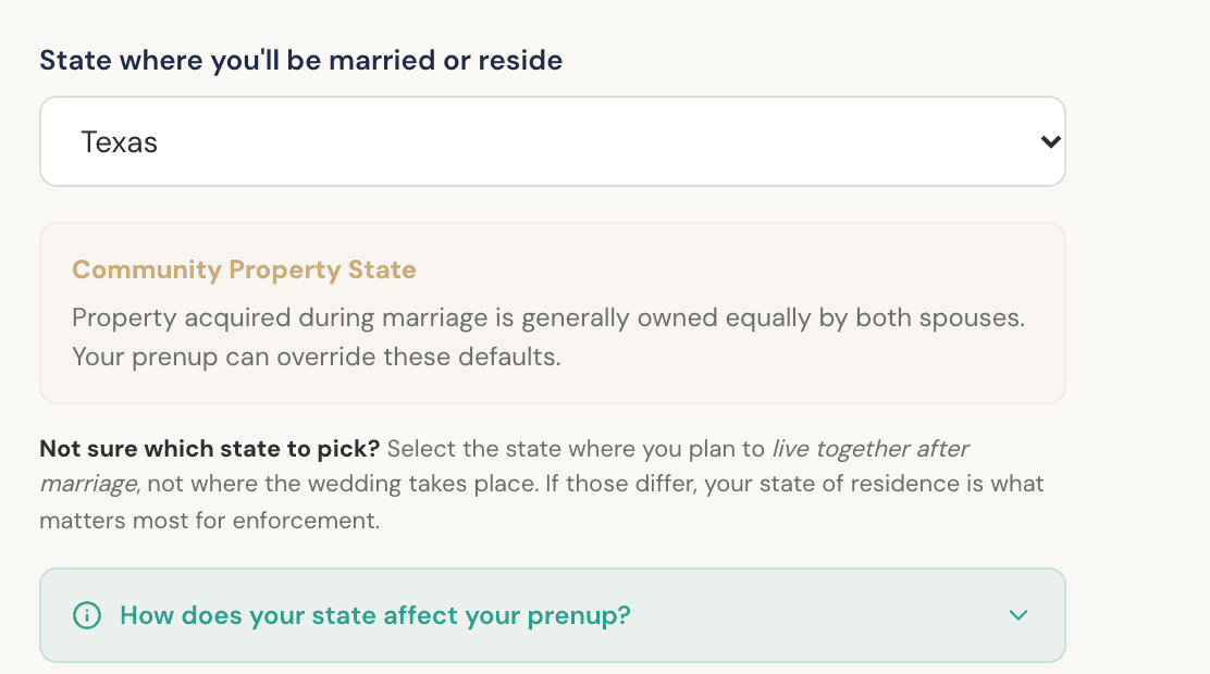 The Agreement Builder's state step, with a state selected and a note explaining how that state treats marital property.