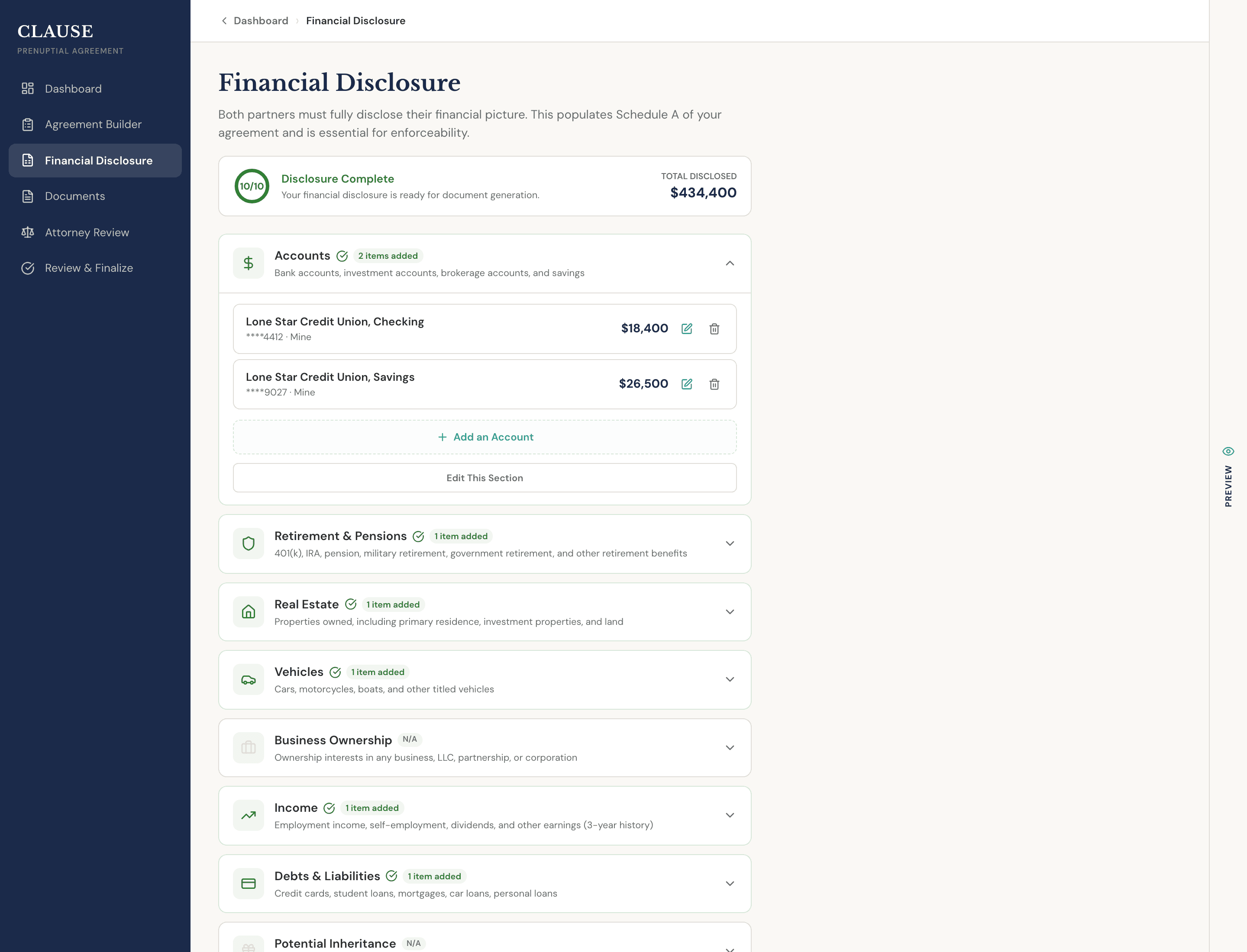 The financial disclosure step, a form with ten categories such as accounts, retirement, real estate and debts, each marked complete or N/A.