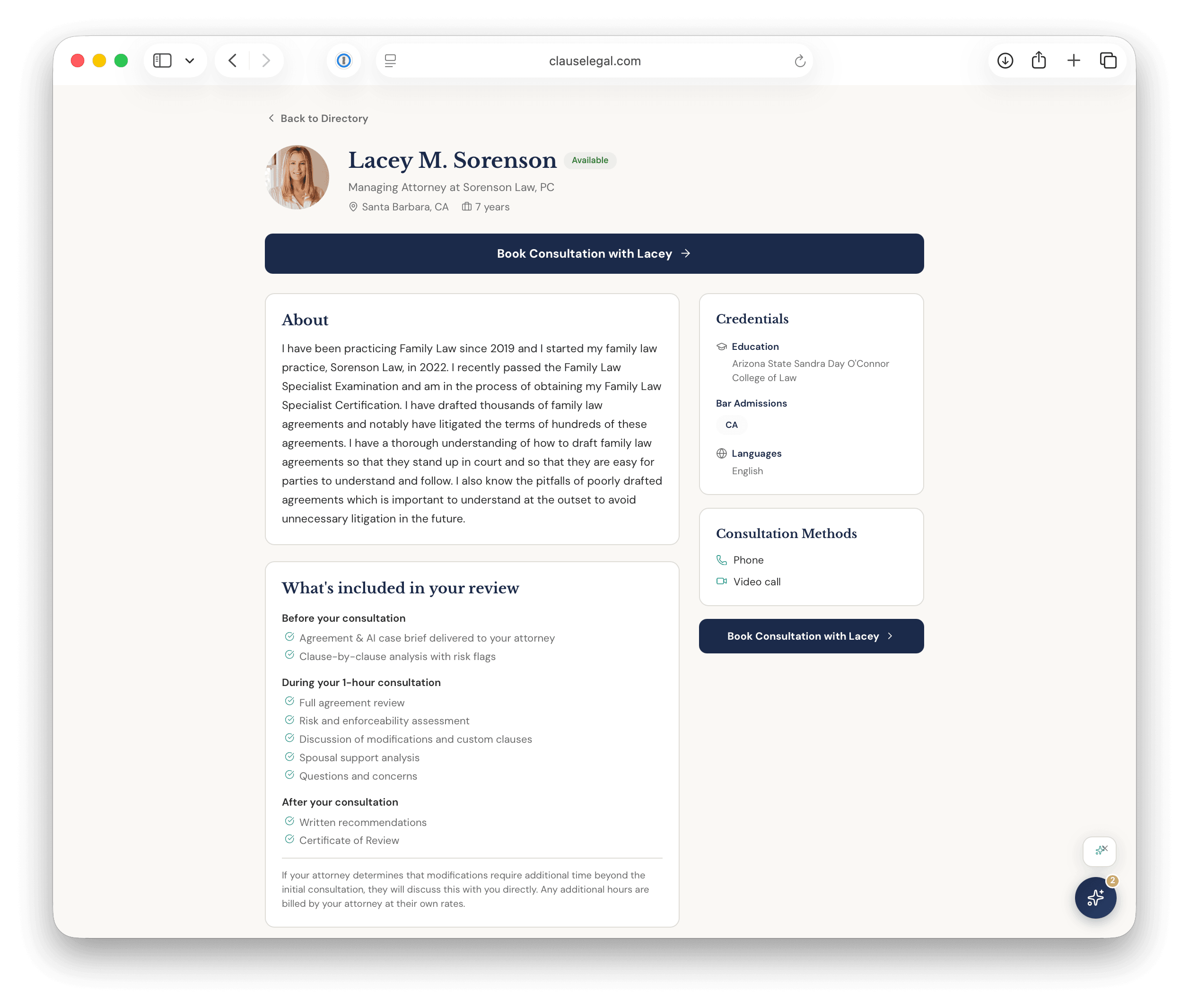 Attorney profile page with consultation booking