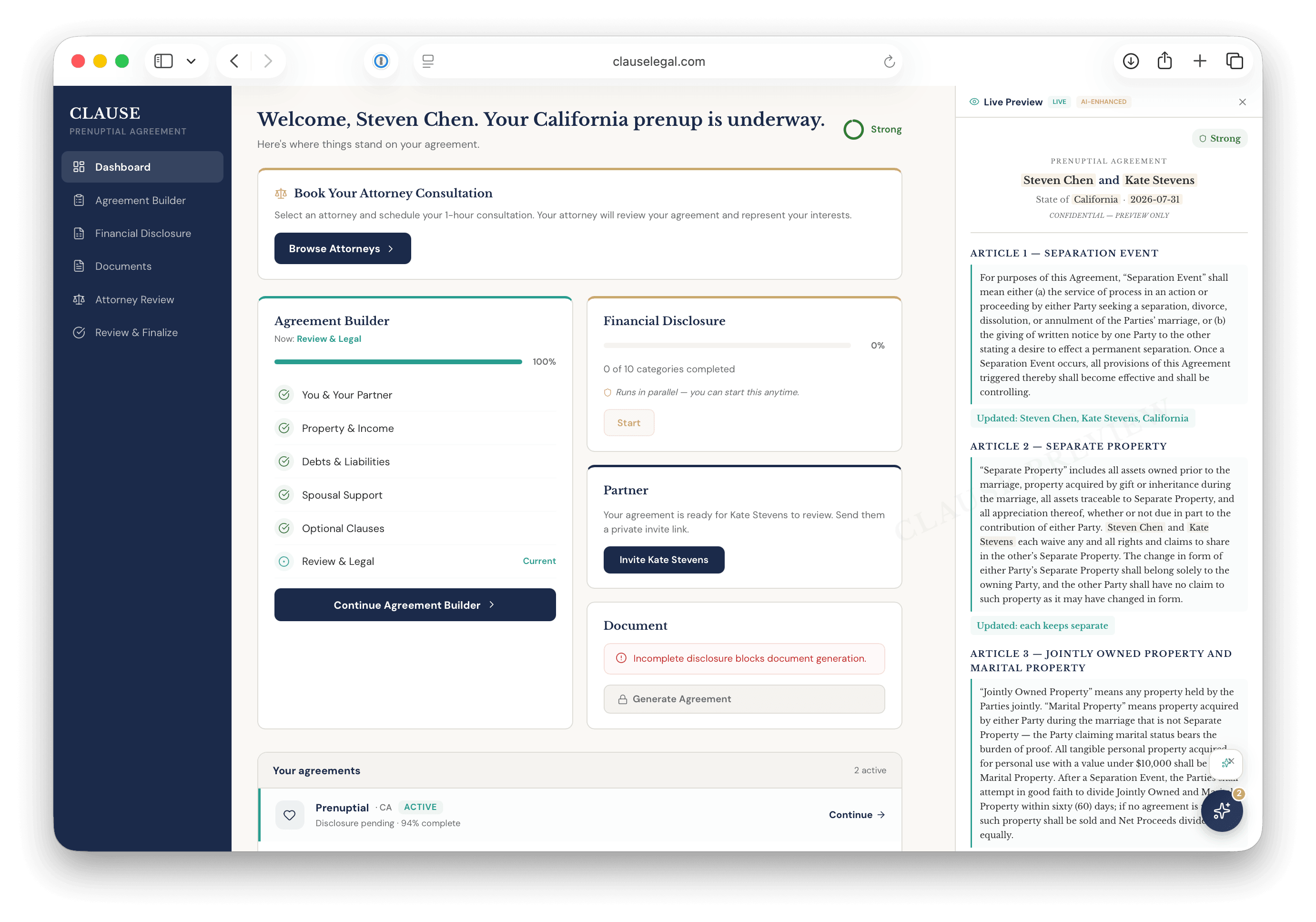 Dashboard showing agreement progress and partner invite status