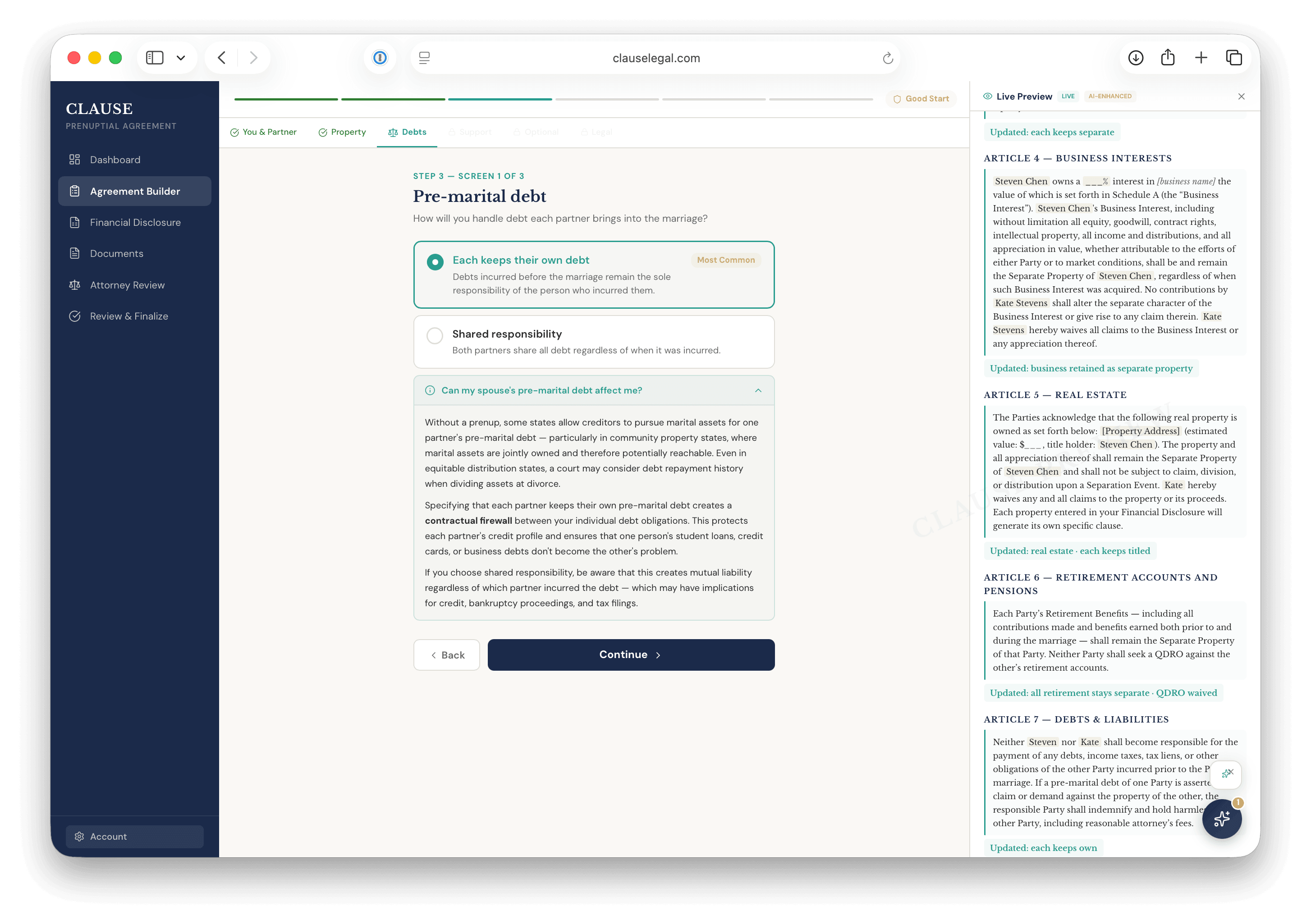 Live preview pulsing as user answers debt questions