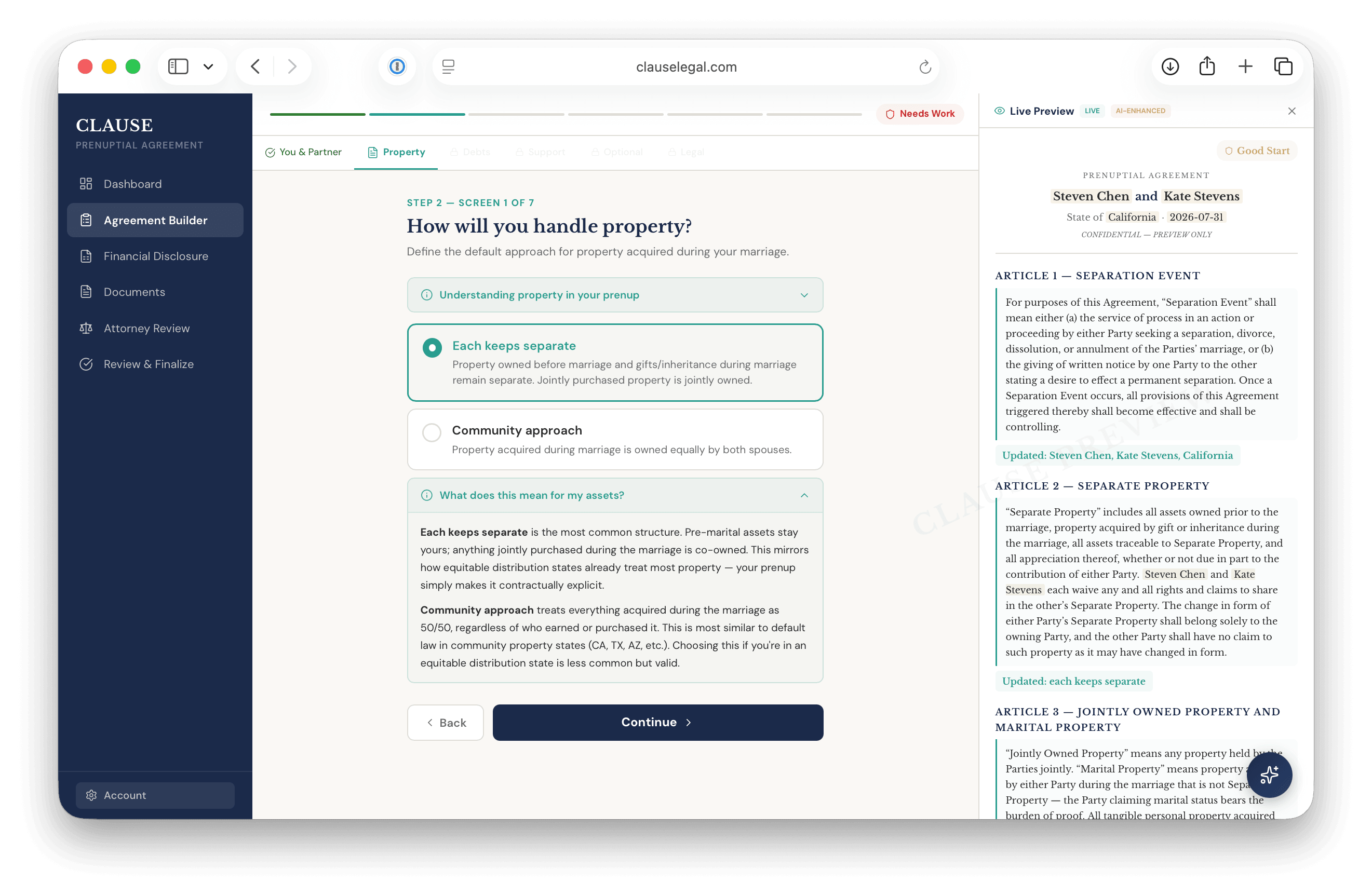 Clause Agreement Builder showing the Property step with live document preview